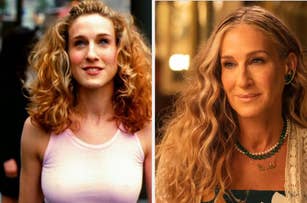 Sarah Jessica Parker, left image: young, curly hair, sleeveless top. Right image: older, wavy hair, layered necklace, and fashionable outfit