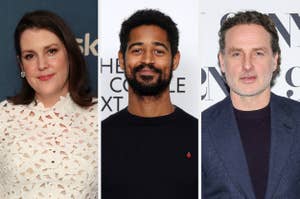 Melanie Lynskey, Alfred Enoch, and Andrew Lincoln at a celebrity event. Melanie wears a lacy top, Alfred sports a casual look, and Andrew wears a suit jacket