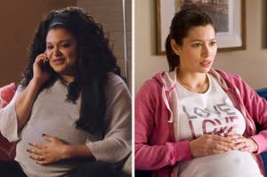 Michelle Buteau and Jessica Biel while pregnant in a side-by-side image