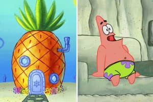 On the left is SpongeBob SquarePants' pineapple house. On the right is Patrick Star sitting on a stone sofa in his home, wearing green and purple shorts