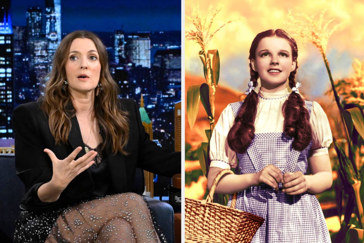 Drew Barrymore in a black blazer and sheer dress speaks on a talk show; Judy Garland as Dorothy from "The Wizard of Oz" stands in a cornfield holding a basket