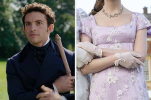 On the left, Jonathan Bailey looking out at something as Anthony on Bridgerton, and on the right, a closeup of Daphne Bridgerton's floral dress