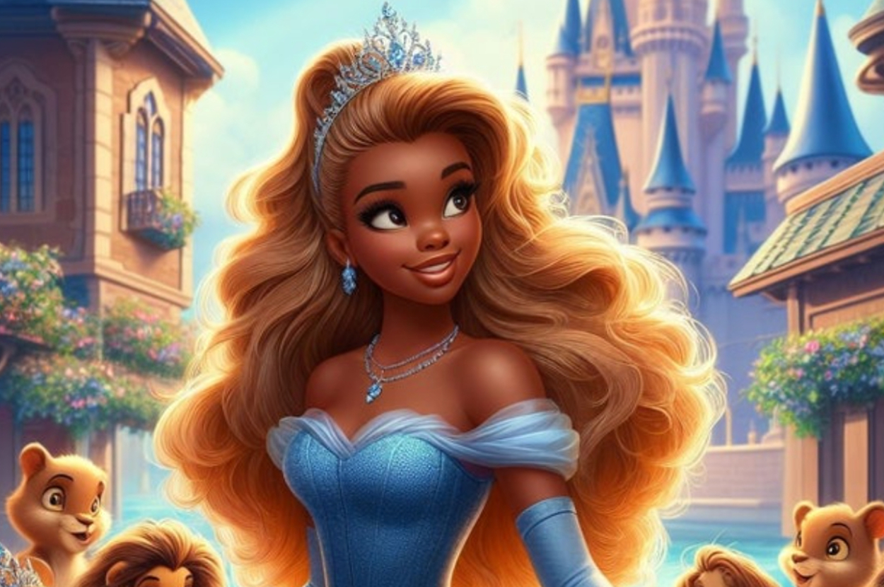 一位公主身穿蓝色露肩礼服，头戴皇冠，戴着项链，站在城堡前，周围围着小动物