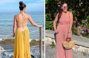 on the left: reviewer wearing yellow halter maxi dress with open back design. on the right: reviewer wearing sleeveless pink jumpsuit