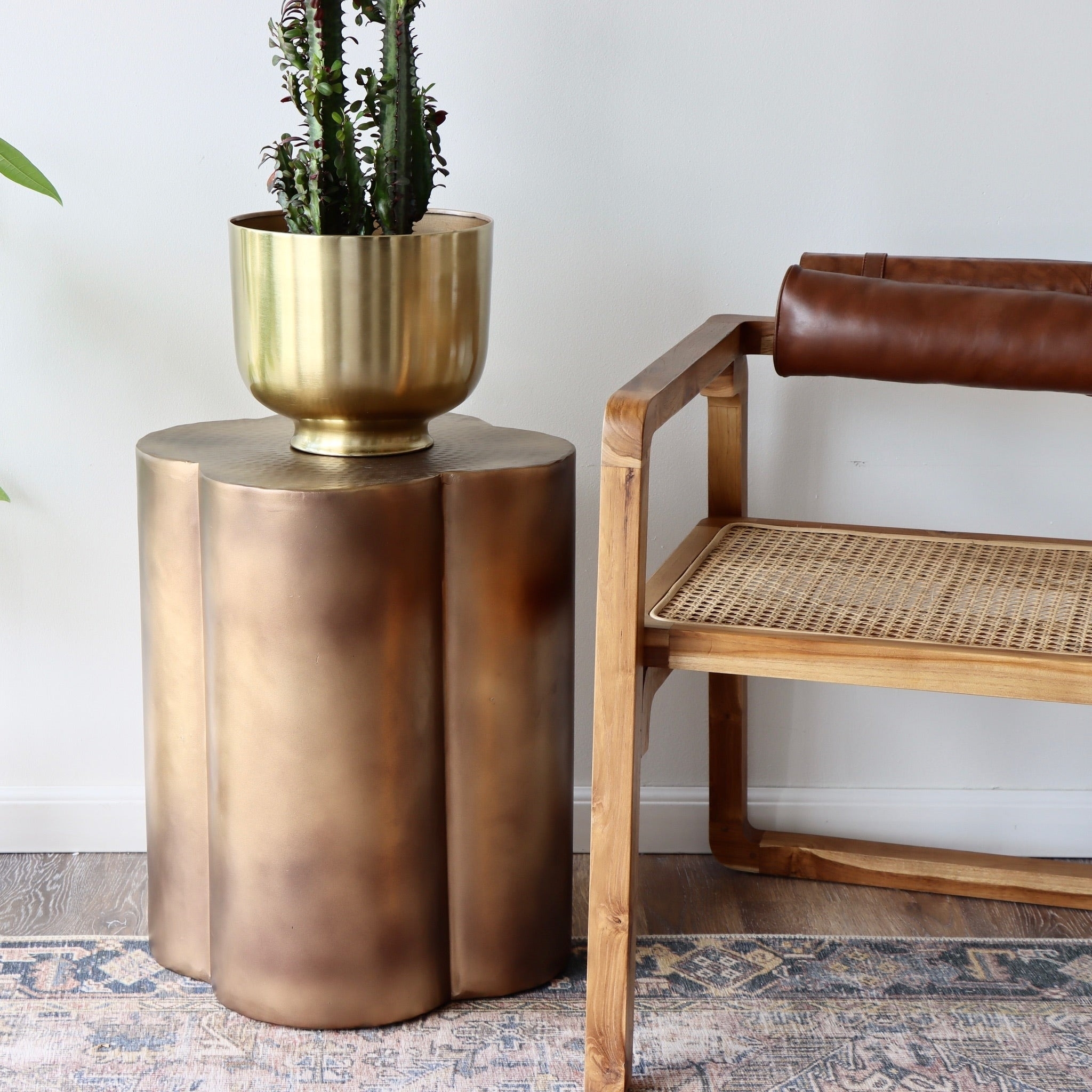 Modern wooden chair with a wicker seat beside a brass-toned side table featuring a potted cactus plant in a golden pot