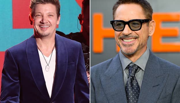 Jeremy Renner and Robert Downey Jr. are smiling in separate photos. Jeremy is wearing a velvet suit jacket, and Robert is in a suit and tie with glasses