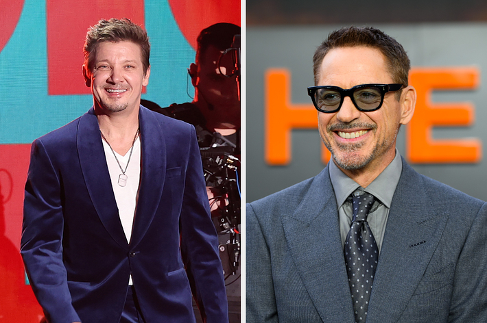Jeremy Renner wearing a velvet suit jacket and white shirt, and Robert Downey Jr. in a grey suit with sunglasses, both attending separate events
