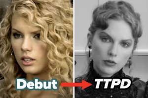 On the left, Taylor Swift in the Teardrops on My Guitar music video labeled debut, then an arrow, and on the right, Taylor Swift in the Fortnight music video labeled TTPD