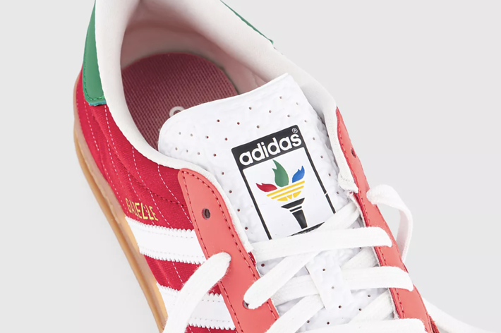 Close-up of an Adidas shoe with white laces, featuring red and green accents and a logo on the tongue. The word "DUBLIN" is visible on the side of the shoe
