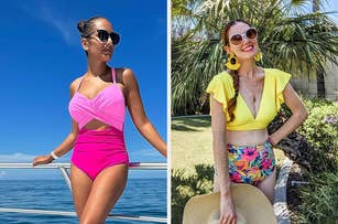 Two women posing in trendy summer outfits, one in a pink swimsuit, the other in colorful shorts and a yellow top