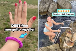 Left: Hand wearing a DEET-free mosquito repeller wristband. Right: A person in swimwear climbing out of the water onto rocky terrain. Text reads "Timeless + Full Coverage."