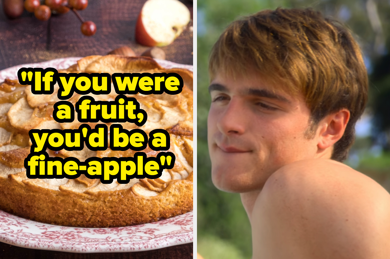 Pie with apple toppings and a quote: "If you were a fruit, you'd be a fine-apple." Image of Jacob Elordi biting his lip on the right