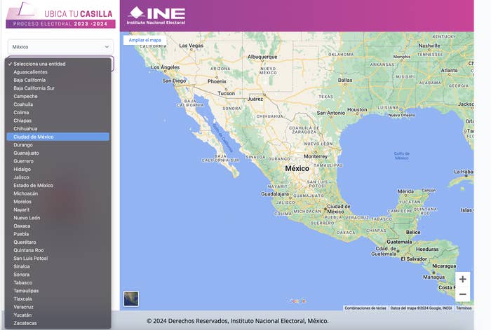 Texto de la imagen: "Ubica tu casilla, Proceso Electoral 2023-2024, Instituto Nacional Electoral, INE, Selecciona una entidad". Mapa de México