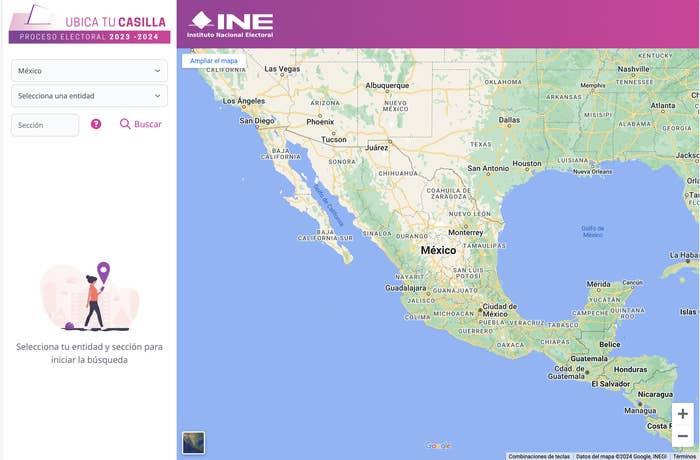 Mapa interactivo del Instituto Nacional Electoral (INE) de México, usado para localizar centros de votación para el Proceso Electoral 2023-2024