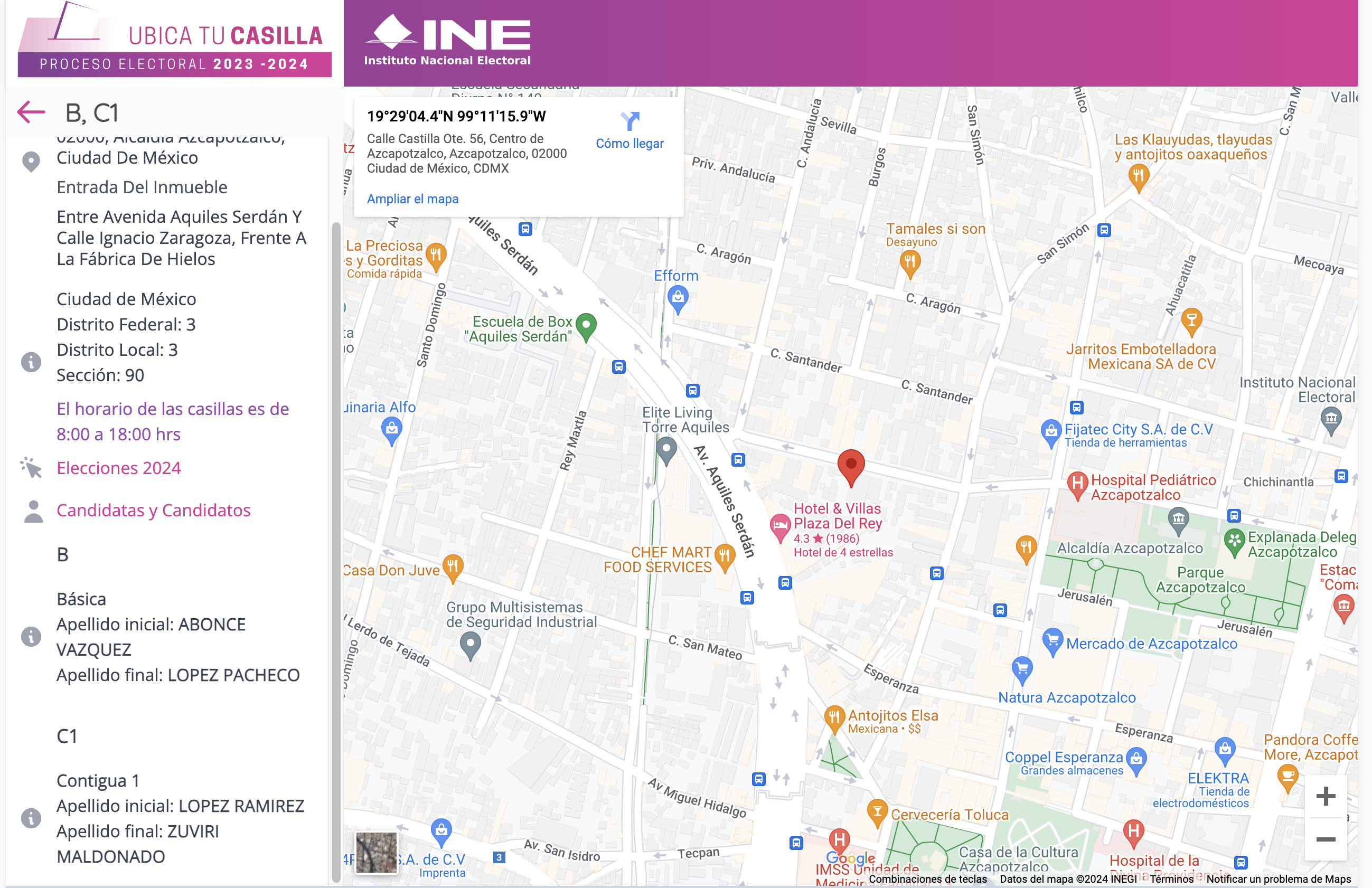 Ubica tu casilla. Proceso electoral 2023-2024. INE. Mapa muestra la ubicación de casillas en Ciudad de México. Se resaltan las avenidas y lugares cercanos