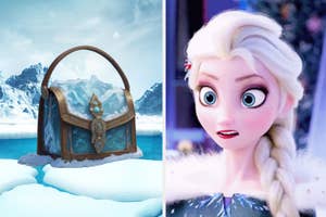 Elsa from Frozen stands surprised next to an ornate handbag with mountain and snow designs, placed on an icy landscape
