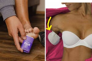 model applying balm to foot / model showing underarm pad in their shirt