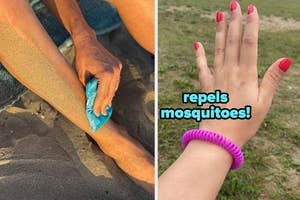 model using bag to remove sand from leg / reviewer wearing pink mosquito-repelling bracelet