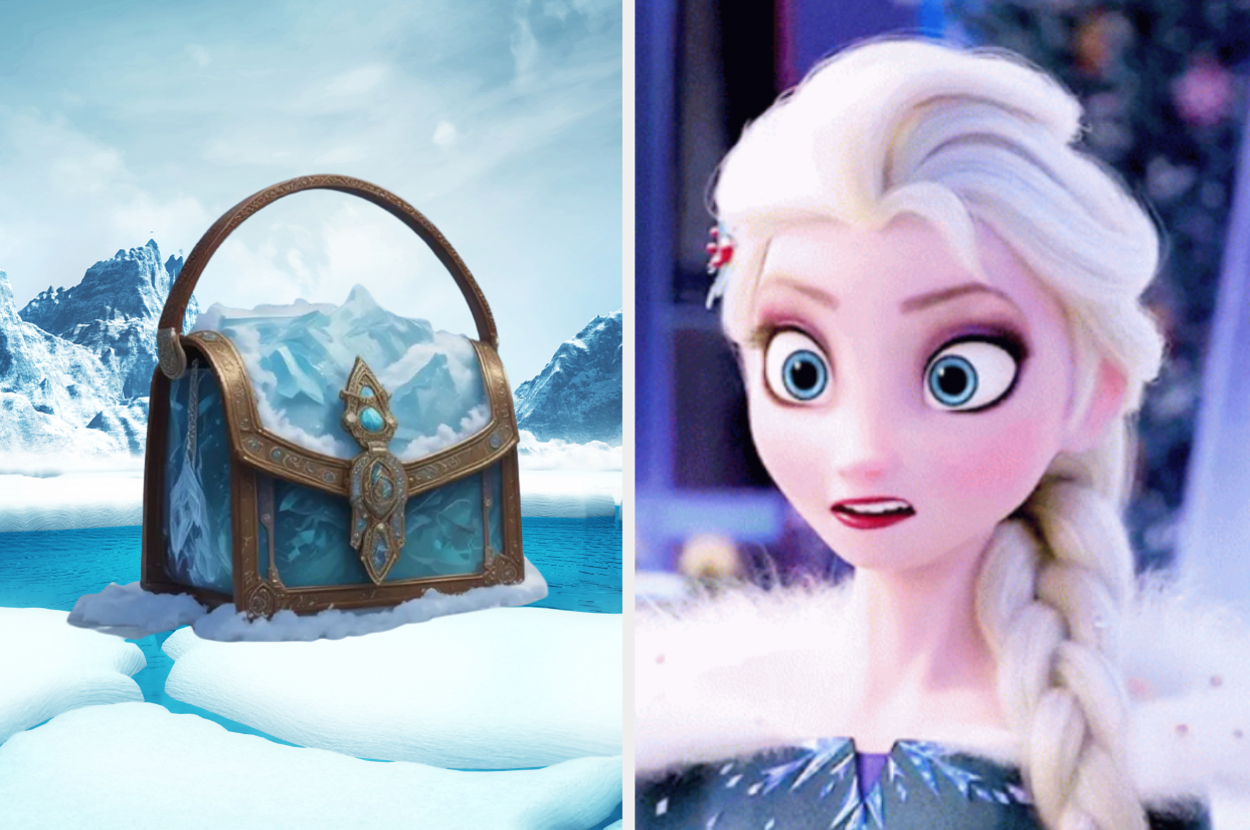 Elsa from Frozen stands surprised next to an ornate handbag with mountain and snow designs, placed on an icy landscape