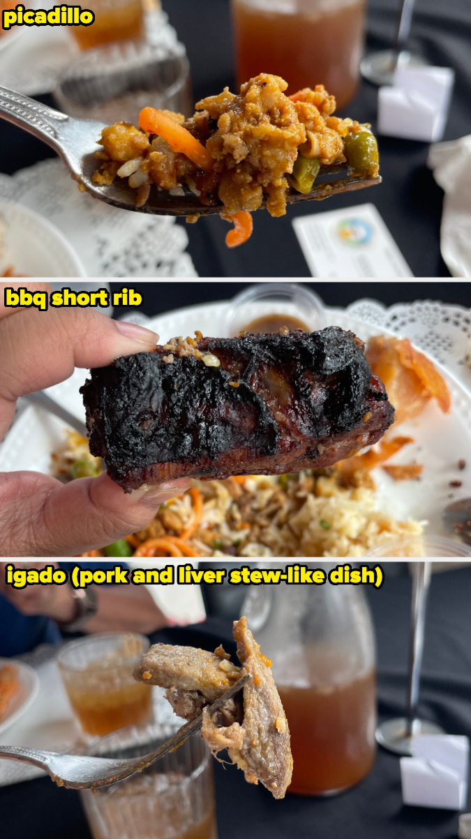 Close-up images of different Filipino dishes including picadillo, BBQ short rib, and igado (pork and liver stew-like dish)