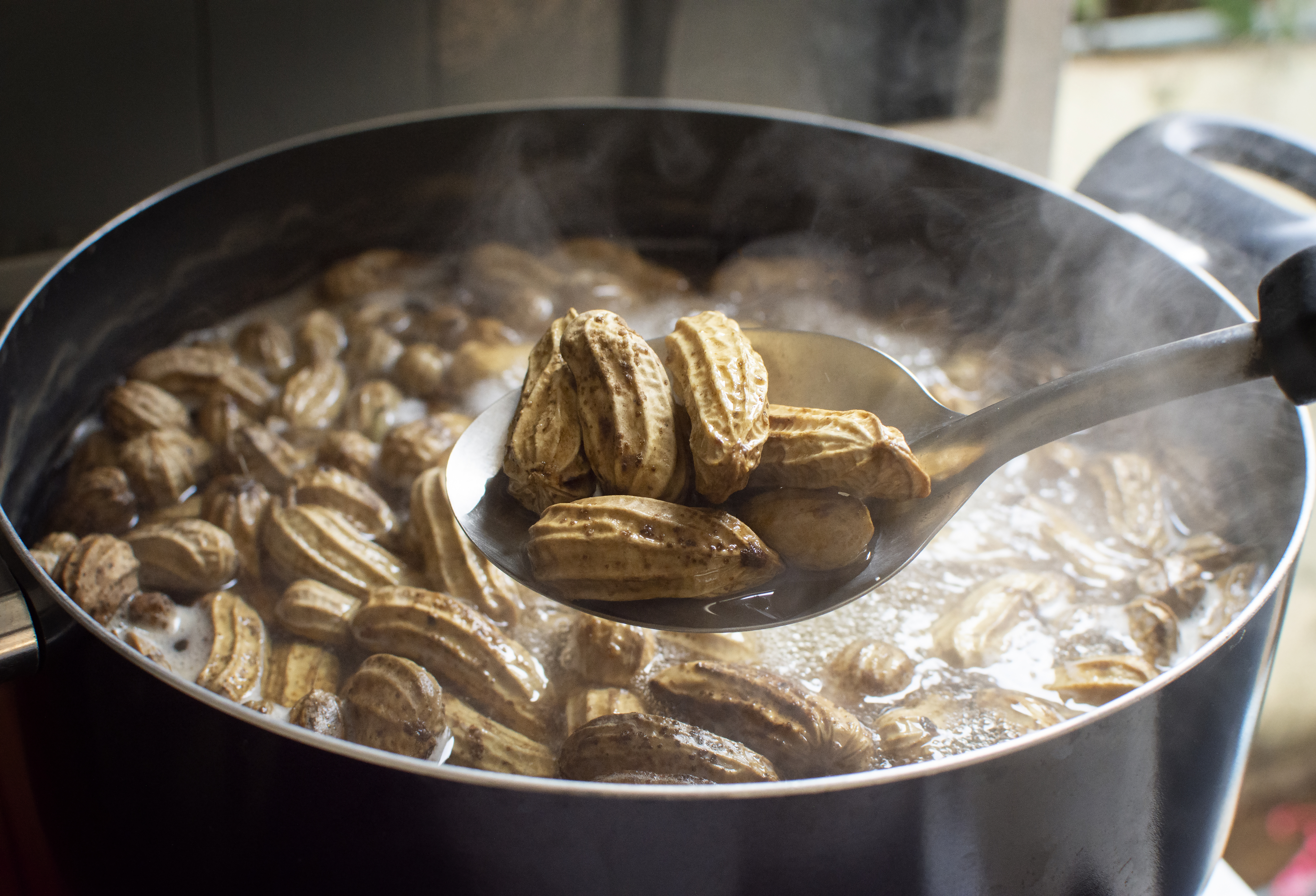 A pot of boiling peanuts with a metal ladle scooping a few peanuts out