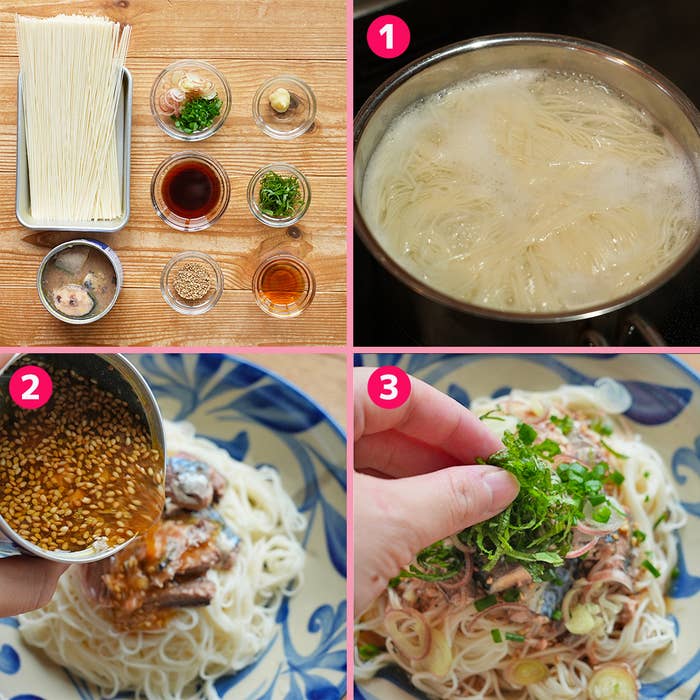 調理のステップを示す4枚の写真。1. 麺を茹でる。2. ソースを麺の上にかける。3. 麺にトッピングを乗せる。