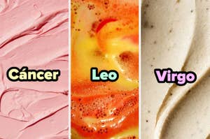 Imagen con las palabras "Cáncer", "Leo" y "Virgo" sobre texturas de crema