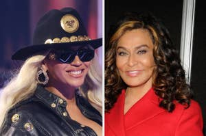 Beyoncé wearing a black hat with gold emblems and sunglasses, next to Tina Knowles in a red outfit