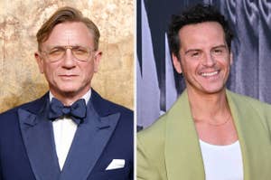 Daniel Craig in a blue tuxedo with a bow tie, next to Andrew Scott in a green blazer over a white shirt
