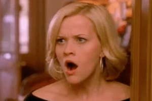 Reese Witherspoon, with an astonished facial expression and mouth open