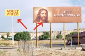 Billboards: One advertises "Adult Video"; the other shows an image of Jesus with "Jesus is watching you"