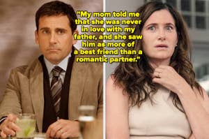 Steve Carell and Kathryn Hahn appear shocked/sad in a side-by-side image, text: "My mom told me that she was never in love with my father, and she saw him as more of a best friend than a romantic partner."