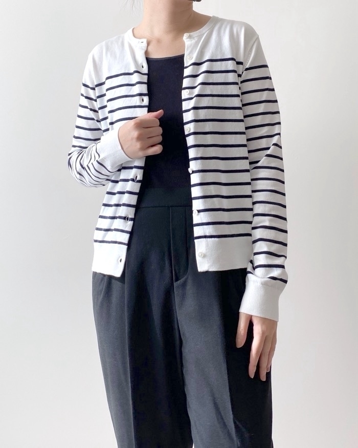 UNIQLO（ユニクロ）のおすすめファッションアイテム「UVカットボーダークルーネックカーディガン（長袖）」のコーディネート