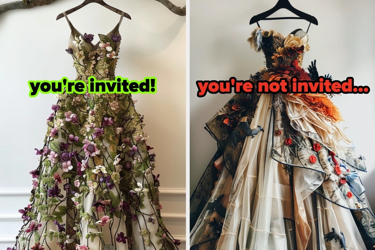 On the left, a flower and vine-themed dress on a hanger labeled you're invited, and on the right, a darker floral ball gown labeled you're not invited