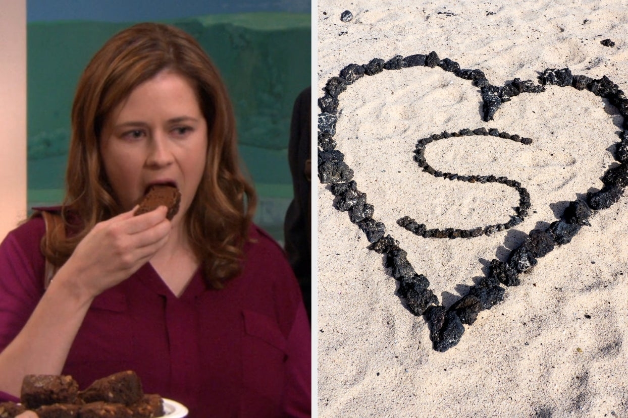 On the left, Pam from The Office eating a brownie, and on the right, the letter S in a heart made of stones on the sand