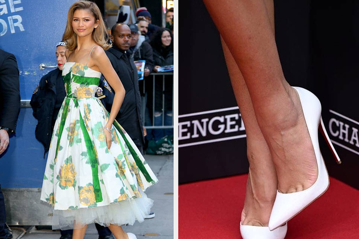 左の写真は、花柄ドレスを着た女性が階段を降りる様子。右の写真は赤い絨毯で白いハイヒールを履いた女性の足元。