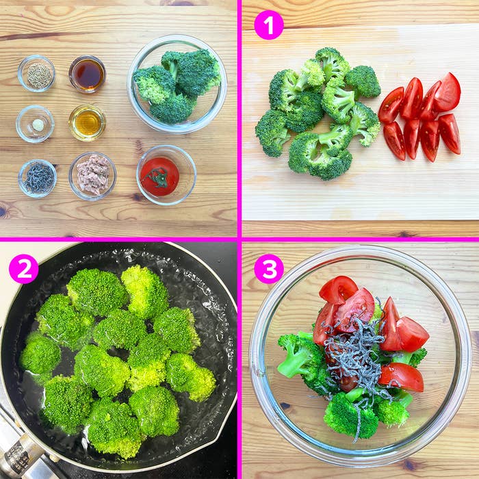 調味料と野菜を準備している様子がステップ1、ブロッコリーをゆでるステップ2、最後にトマトとしらすを加えたサラダのステップ3が示されています。