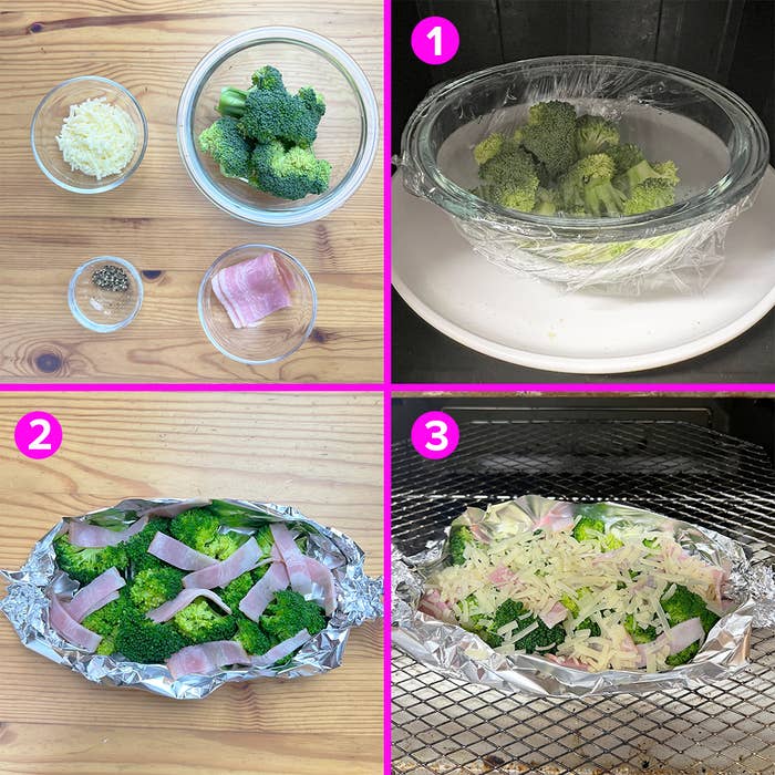 ガラスボウルのブロッコリーを電子レンジに、ホイルに包んだブロッコリーとハムをオーブンに、最後にチーズをかけたホイルをオーブンに入れる過程。