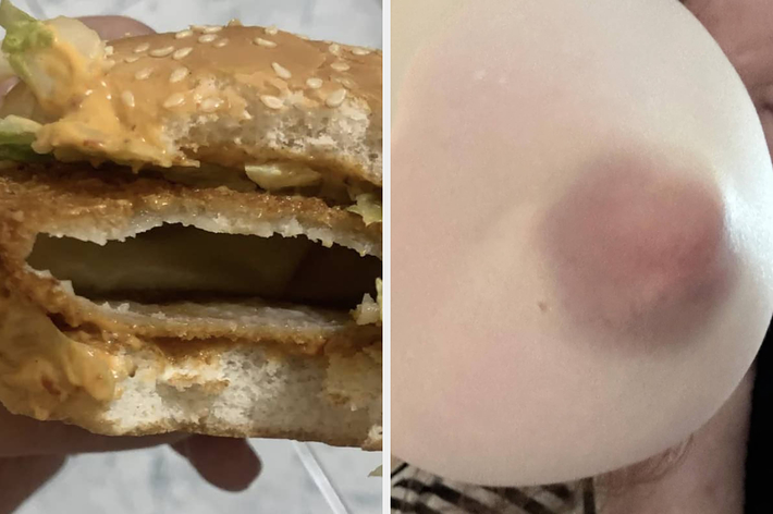 左側は重ねたハンバーガー、右側は人の膝のアップです。