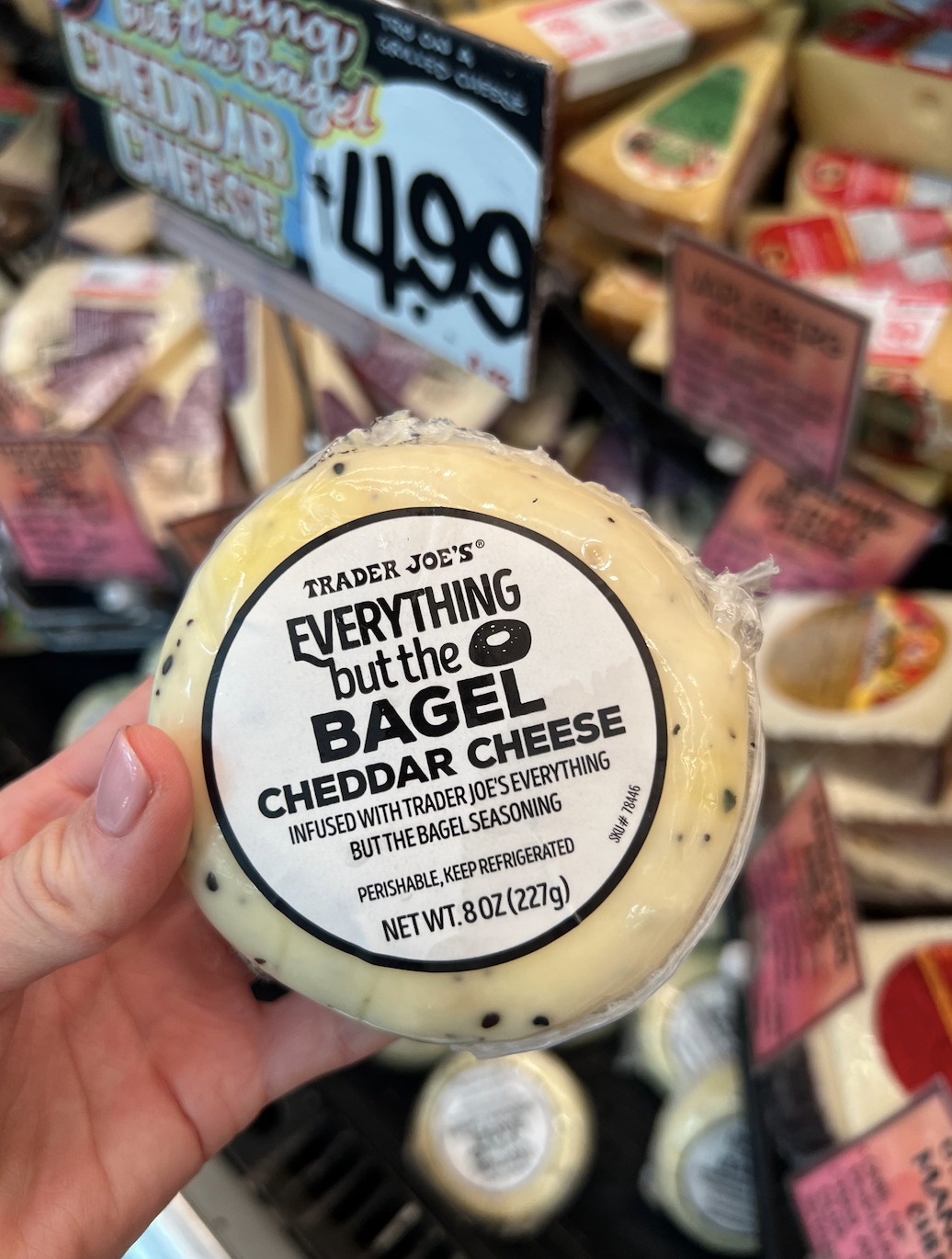 Close-up of a hand holding a package of Trader Joe's Everything but the Bagel Cheddar Cheese in a grocery store