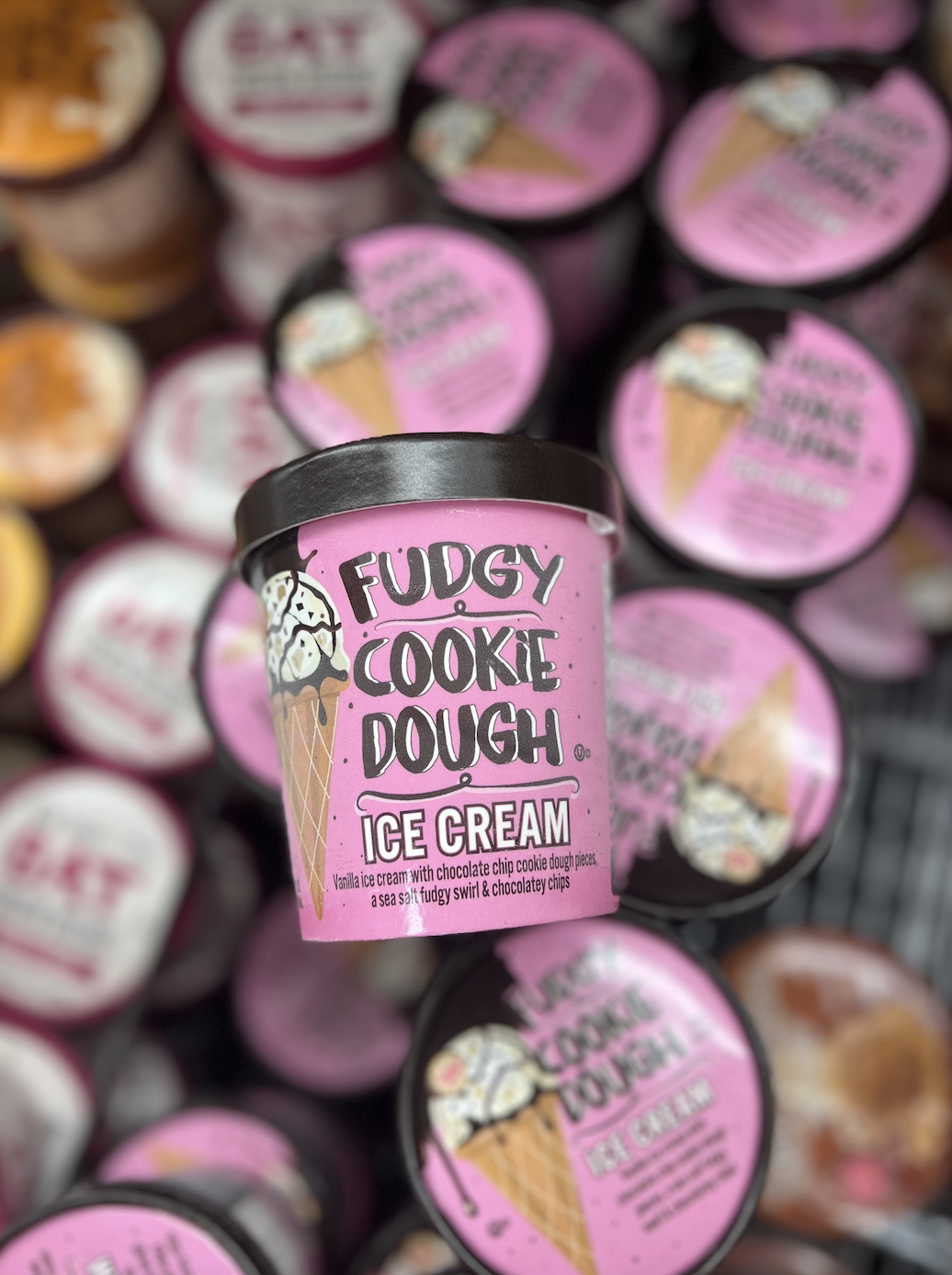 Fudgy Cookie Dough ice cream pints in a grocery freezer. The flavor is vanilla ice cream with chocolate chip cookie dough pieces and a fudge swirl