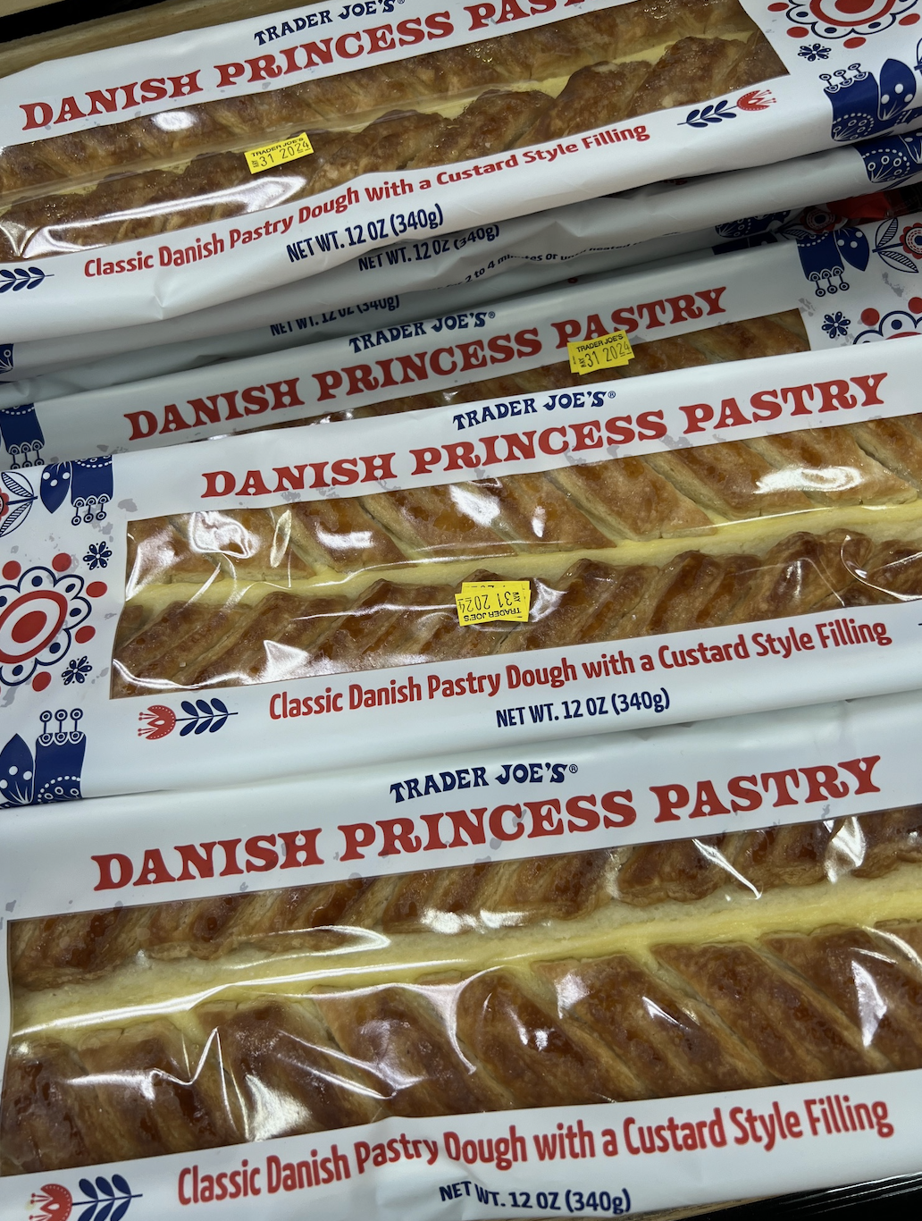 Packages of Trader Joe's Danish Princess Pastry with custard filling displayed.
