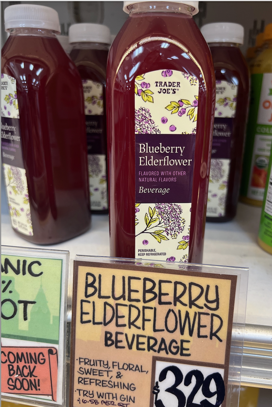 Trader Joe's Blueberry Elderflower Beverage bottle on a shelf