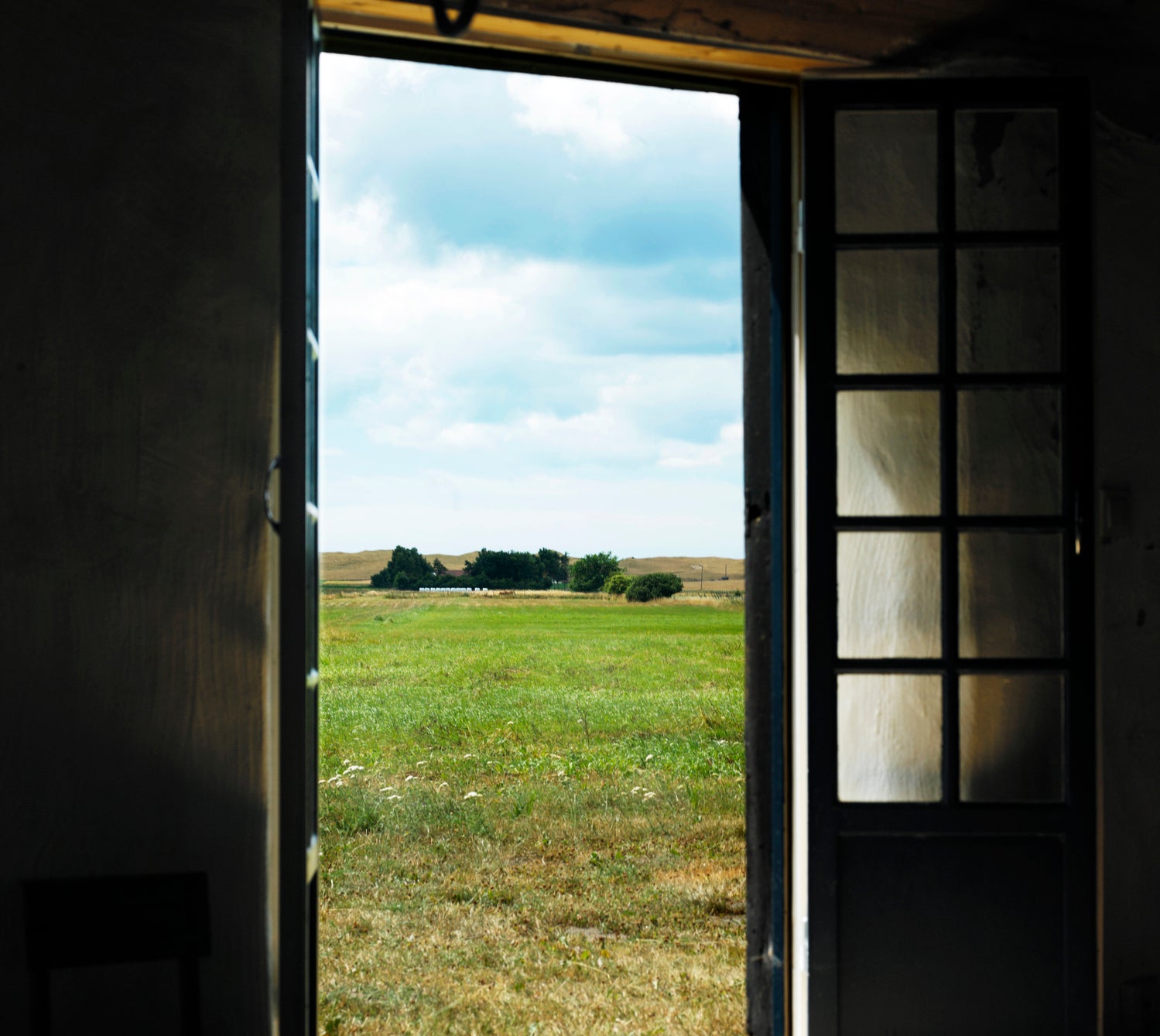 An open door reveals a serene view of a grassy field with a distant tree line and a partly cloudy sky
