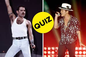 Freddie Mercury in white outfit raises an arm; Bruno Mars sings while wearing a hat and patterned shirt; between them, yellow circle with "QUIZ" text