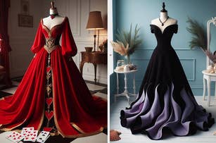 Two mannequins display elegant gowns: the red gown features heart designs and a full skirt, while the black gown has an off-shoulder design with flowing purple accents
