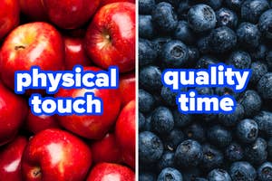 Apples labeled "physical touch" and blueberries labeled "quality time."