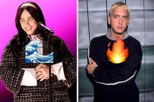 Billie Eilish smiles, holding a microphone, wearing a patterned jacket. Eminem poses with a serious expression, wearing a casual outfit. Emojis cover their torsos
