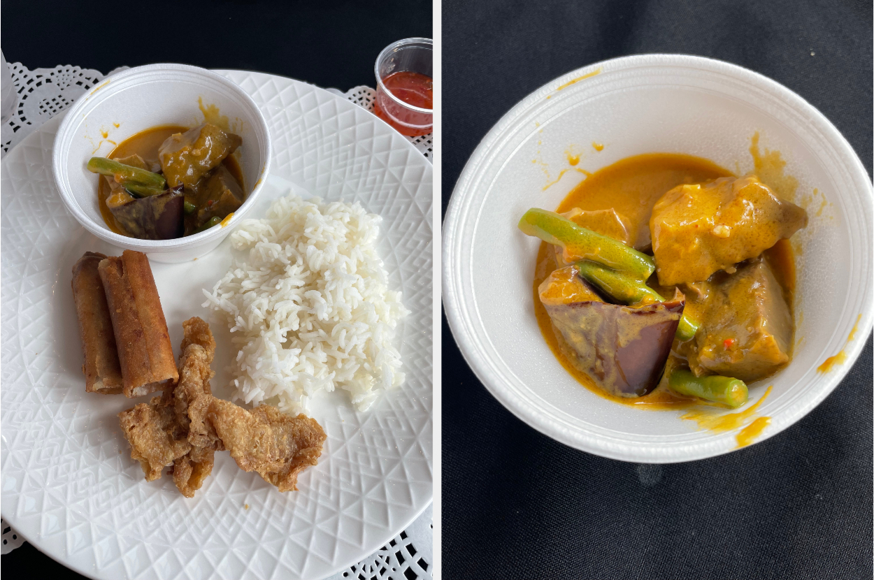 Plate of white rice with spring rolls, chicken strips, and a container of yellow curry with green beans and vegetables