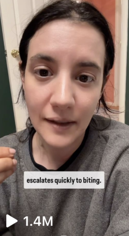 Person speaking directly to the camera with text on the image reading "escalates quickly to biting." Video has 1.4 million views
